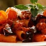 Rigatoni with tomato eggplant and chorizo