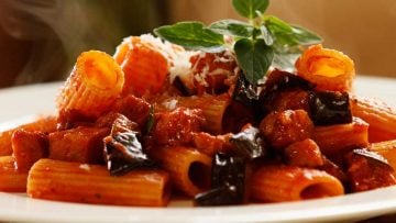 Rigatoni with tomato eggplant and chorizo