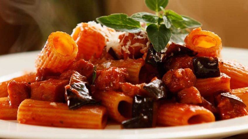 Rigatoni with tomato eggplant and chorizo