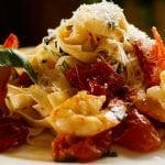 Shrimp with roasted garlic and tomato pasta - prawns