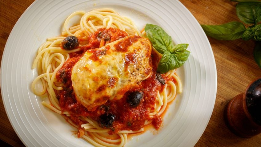 Chicken Pizzaiola with Cheese and Fresh Basil