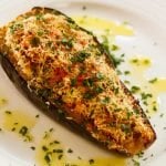 Baked Eggplant filled with a chicken stuffing.