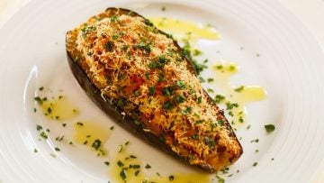 Baked Eggplant filled with a chicken stuffing.