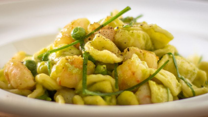 Orecchiette with shrimp and peas in a creamy sauce