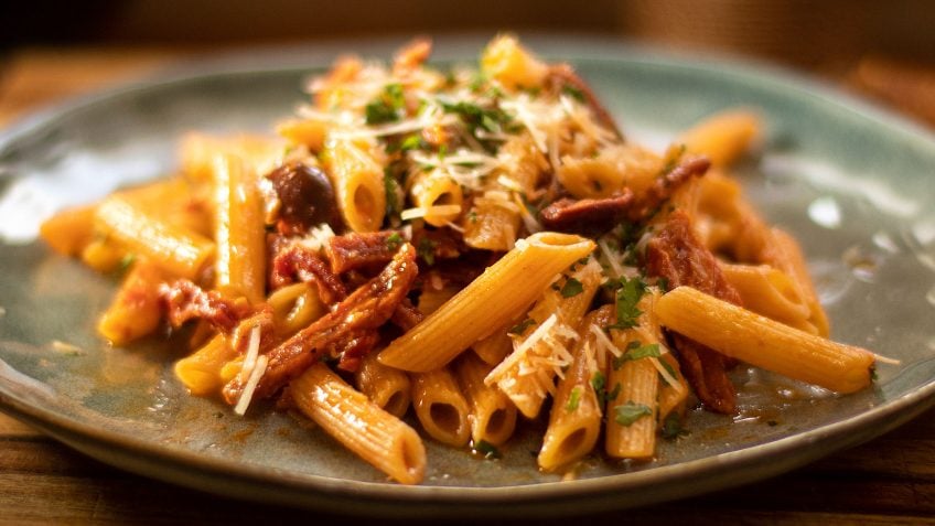 Crispy Salami and Olive Tomato Pasta