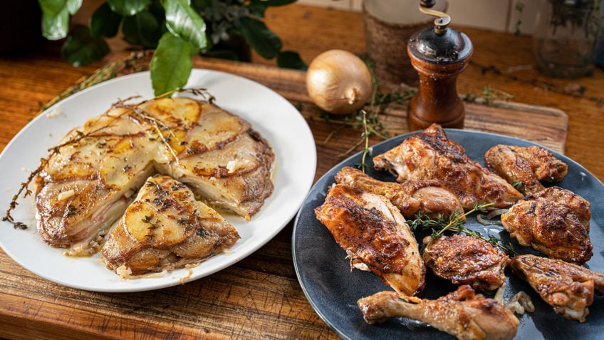 Easy One Pan Roast Chicken with Layered Potatoes
