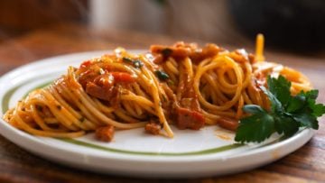 Italian Comfort Spaghetti with Crispy Pancetta and Spicy Tomato Sauce