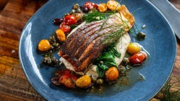 Pan Seared Crispy Skin Mediterranean Salmon