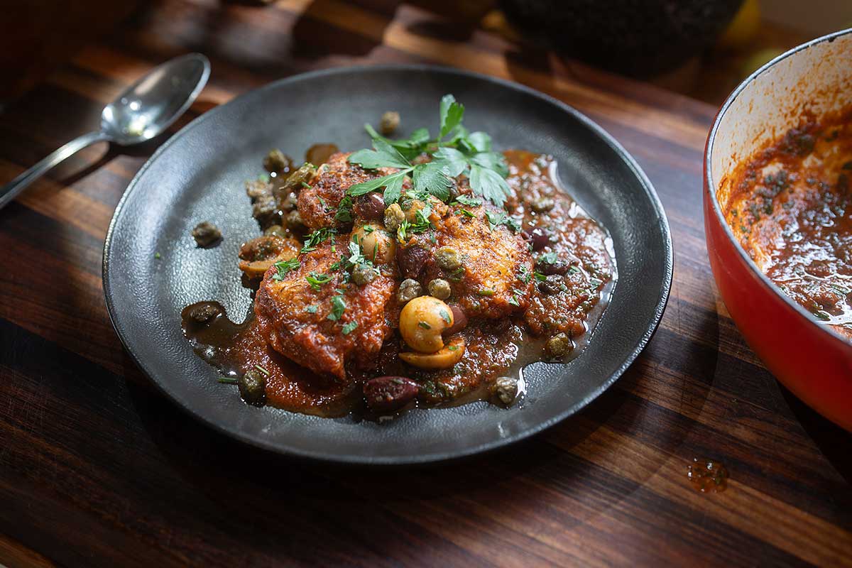 Chicken Thighs Provençal with Olives, Anchovy & Butter Sauce