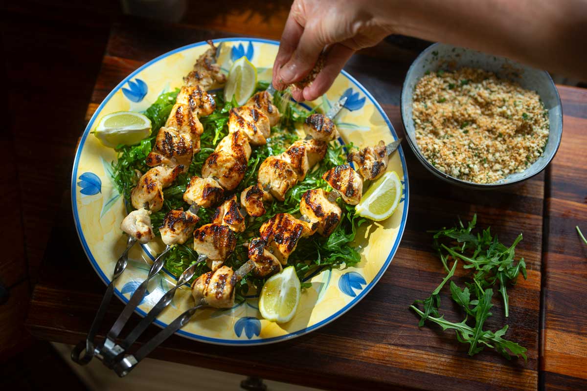 Chicken Spiedini crispy skewers with garlic butter and toasted panko crumb