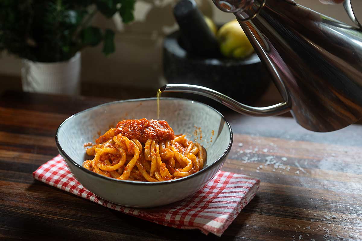 A bowl of pici all'aglione