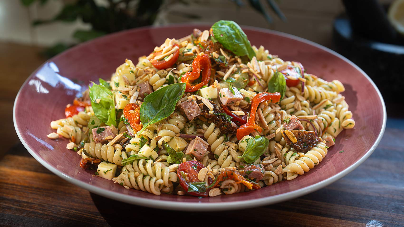 Smoky Italian Pasta Salad with mozzarella ham and sun-dried tomatoes