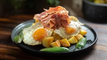 Crispy Potatoes with Broken Eggs and Serrano Ham