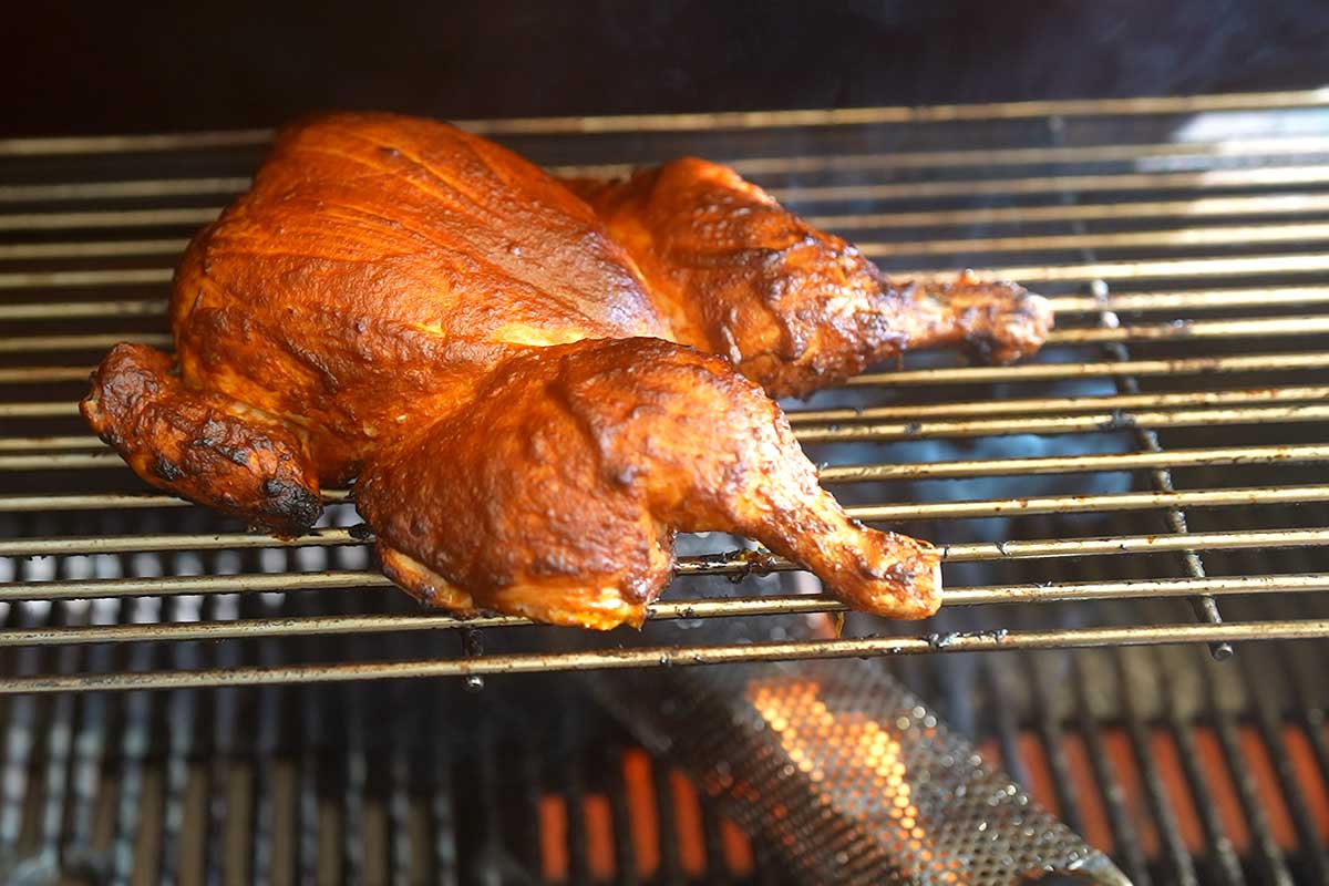 Side by side feel of chicken with deep char versus a gentler golden colour