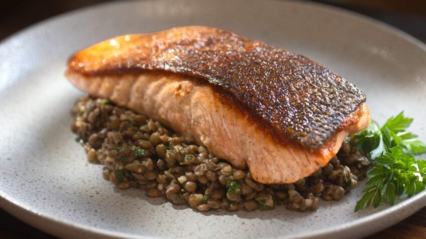 Bistro Crispy-Skin Salmon with Warm French Lentils and Dijon Vinaigrette