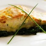 Salmon with a Chive and Mornay Cheese Sauce on Spinach