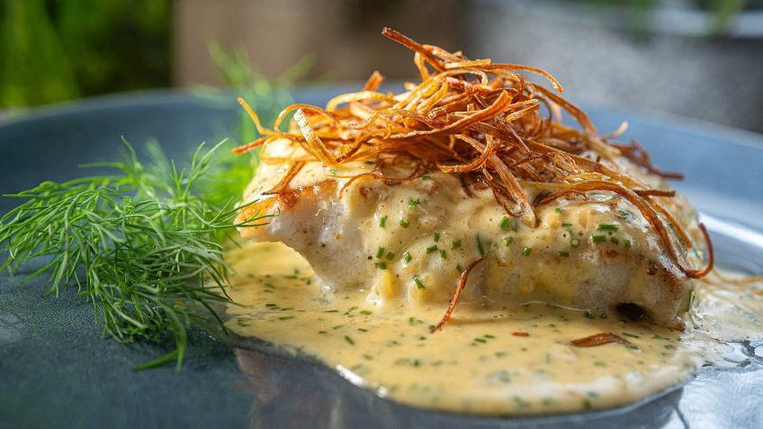Seared Fish with Crispy Leeks and Velvety Hollandaise