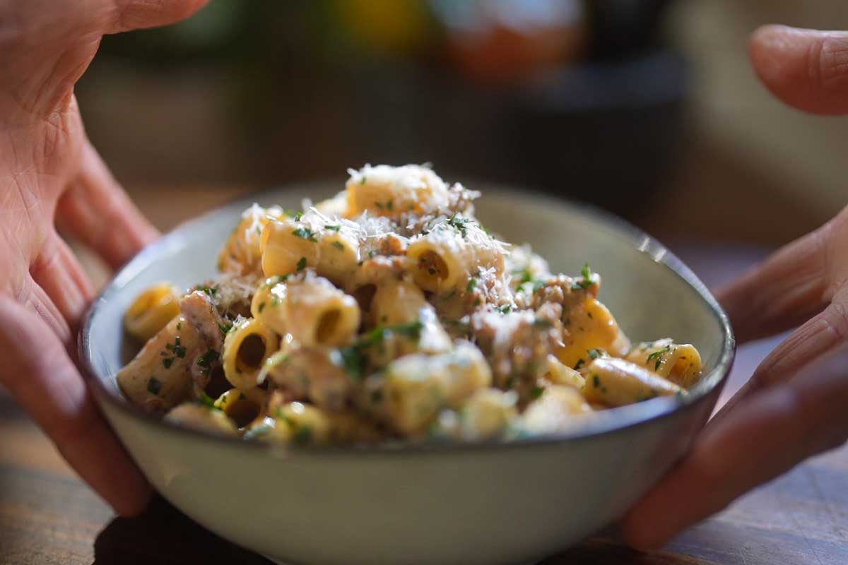 Pasta alla Norcina being served